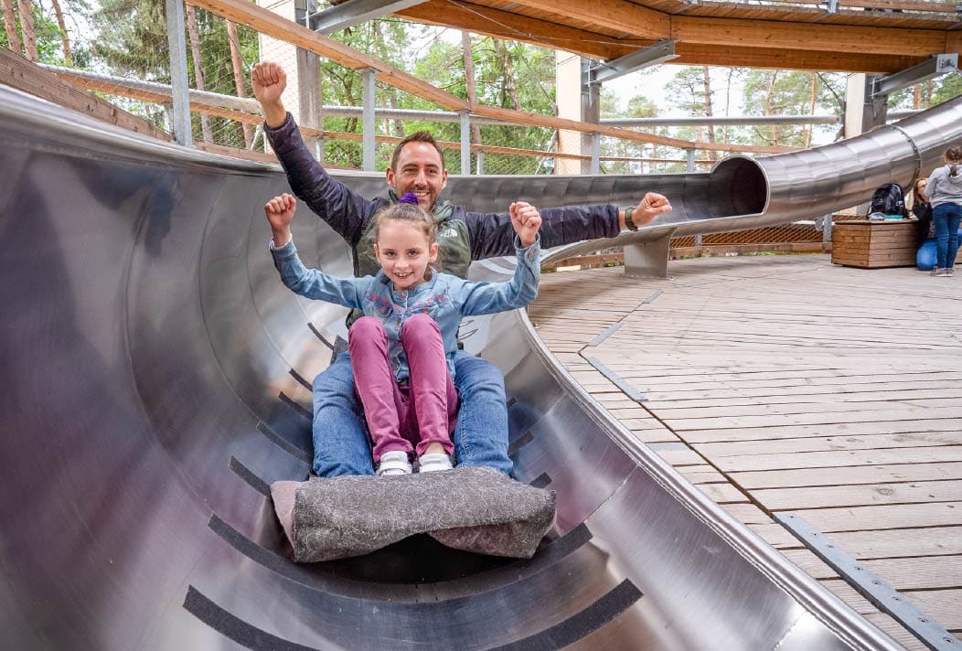 father and daughter slide together on the elsass treetop walk