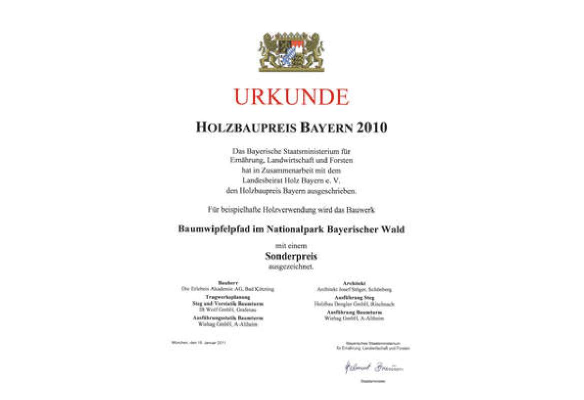 Certificate of the Bavarian Wood Construction Award for exemplary use of wood in the construction of the treetop path in the Bavarian Forest National Park.