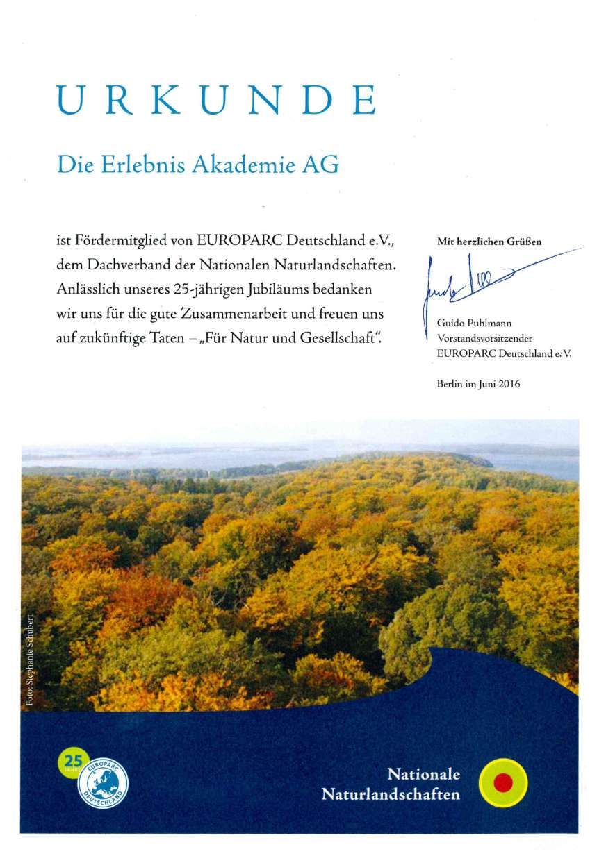 Die Europarc Urkunde für das Naturerbe Zentrum Rügen.