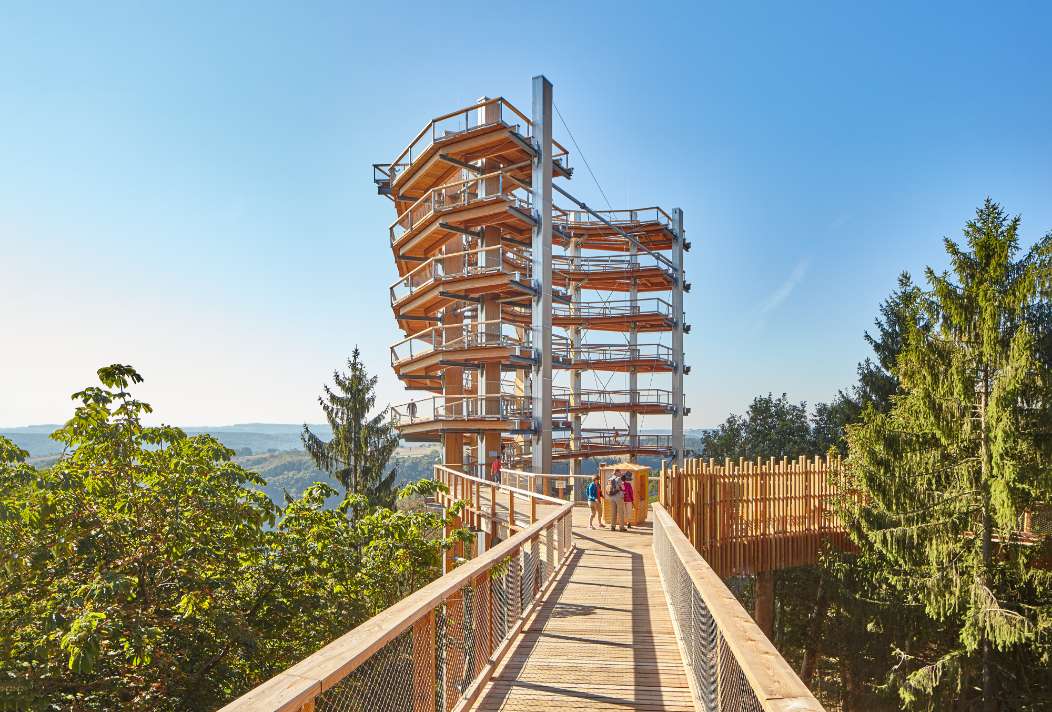 The lookout tower of the treetop trail in the sunshine with access to the trail.