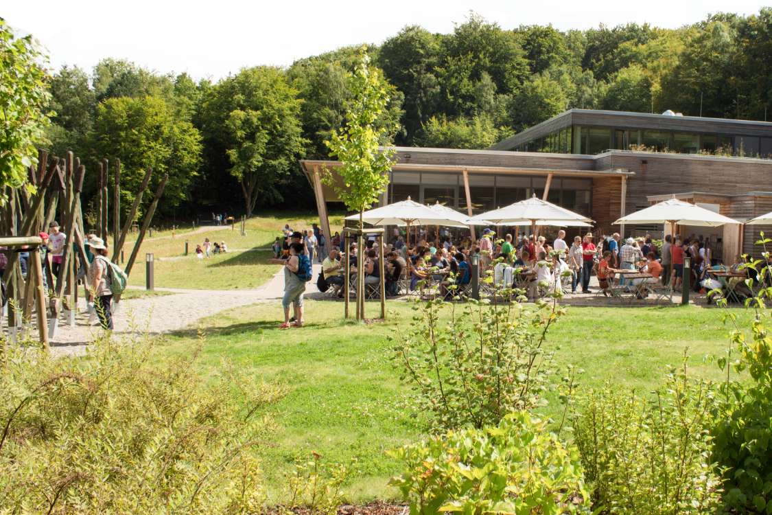 Das Restaurant Boomhus direkt im Naturerbe Zentrum Rügen mit belebter Terrasse im Sommer.