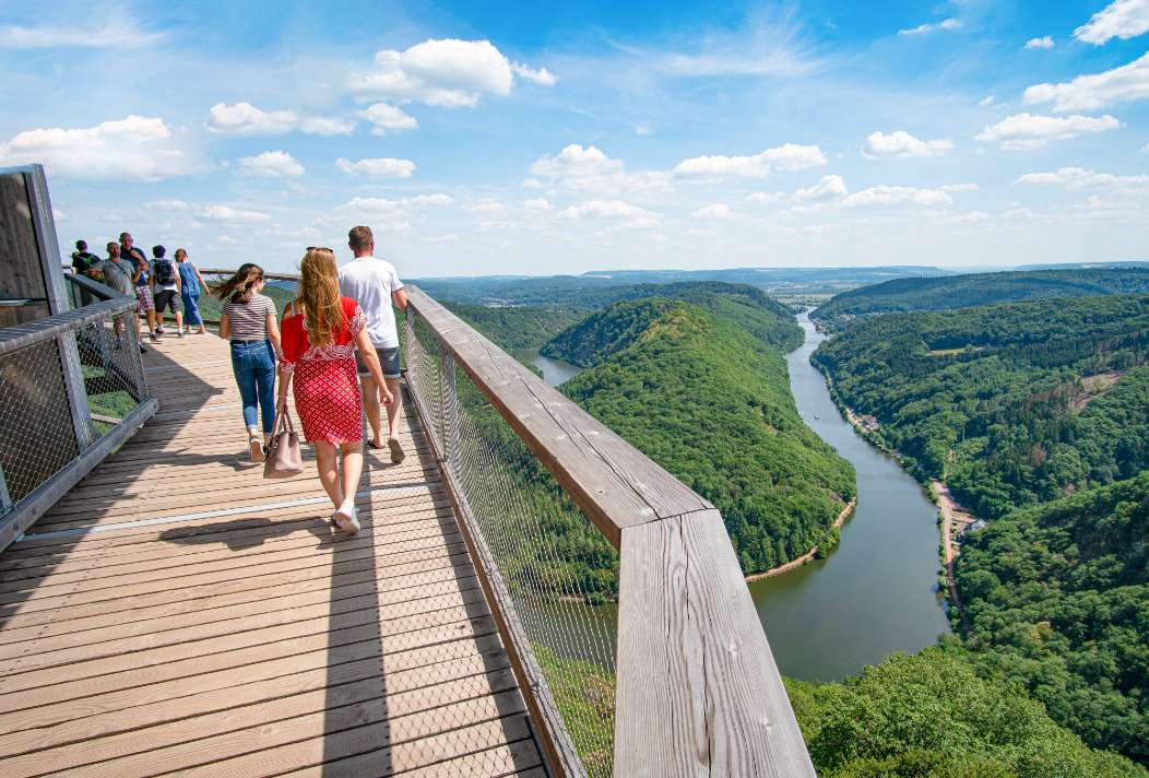 Panoramic view of the Saarschleife from the Treetop Walk's observation tower in Mettlach.