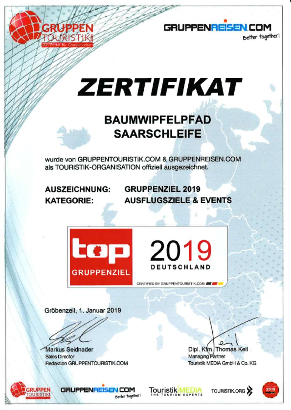 The Treetop Walk Saarschleife has been awarded as group destination 2019 by Gruppentouristik.com.