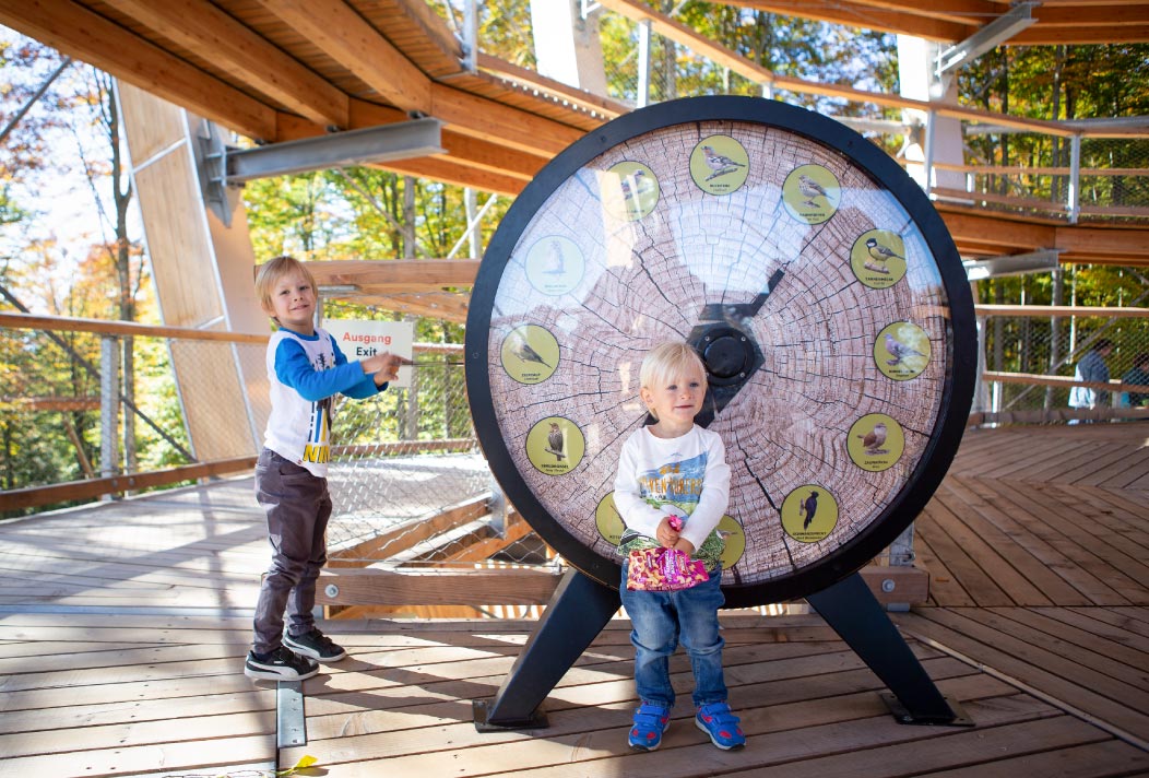 The whole family gets a lot of information about nature and its inhabitants at one of the many learning stations along the wooden trail